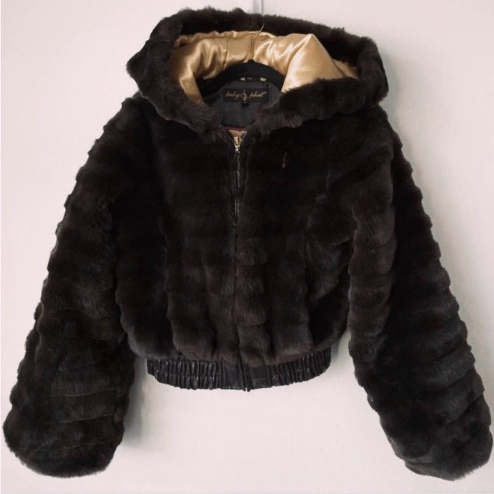 Vintage Y2K Baby Phat Dark Brown & Gold Fur Cropped Teddy with Bell Sleeves!